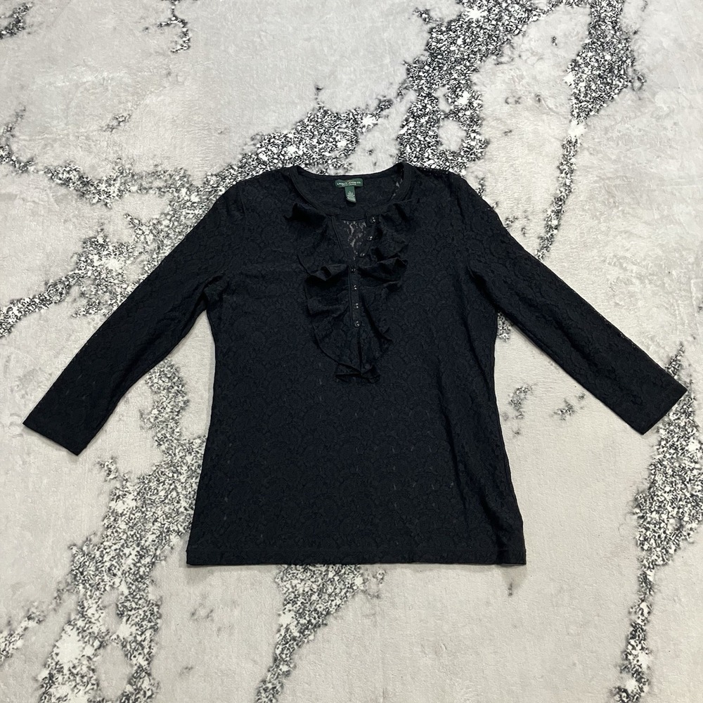 Lauren Ralph Lauren Lace Blouse Womens L Black Ruffle Front 3/4 Sleeve